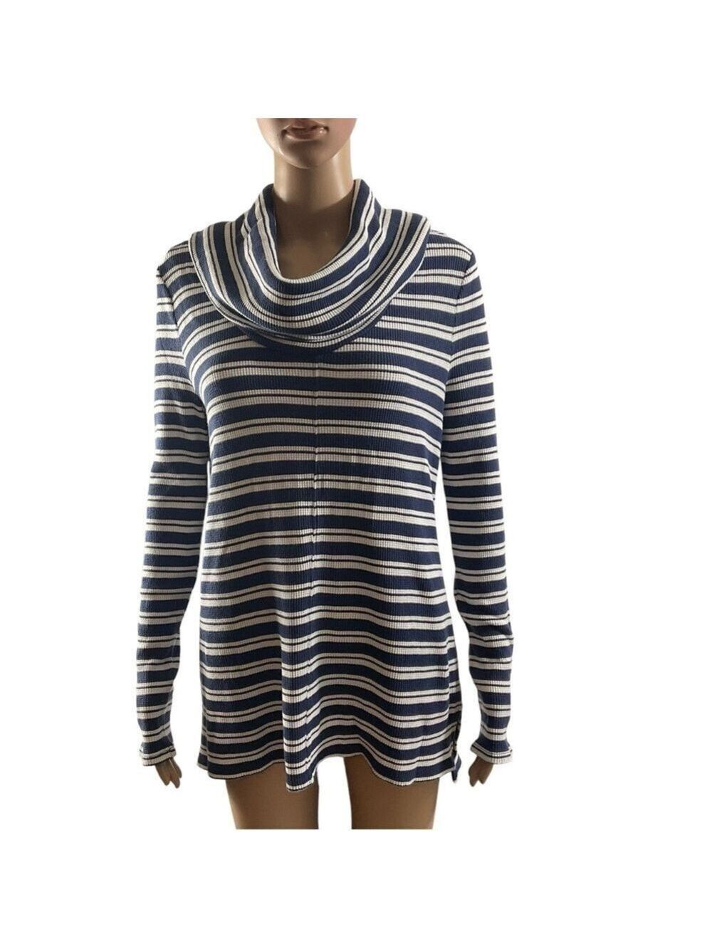 Chip & Pepper Small Striped Cowl Neck Tunic Sweater Shirt Navy & White stripes